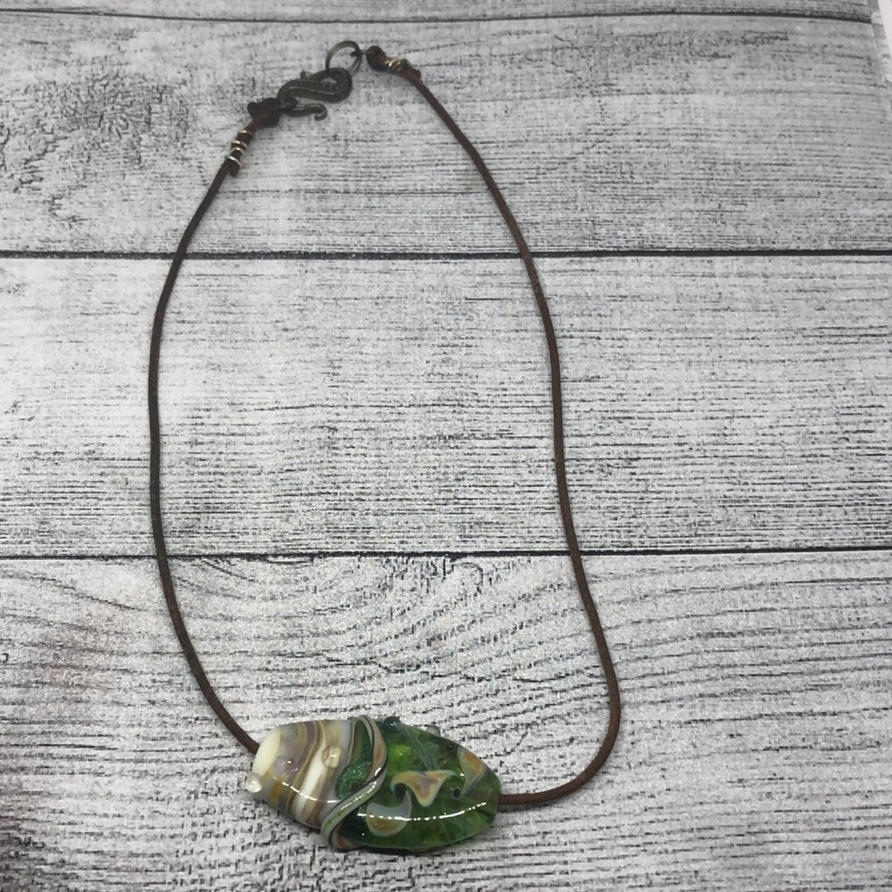 Artisan murano art glass style pendant leather necklace boho statement